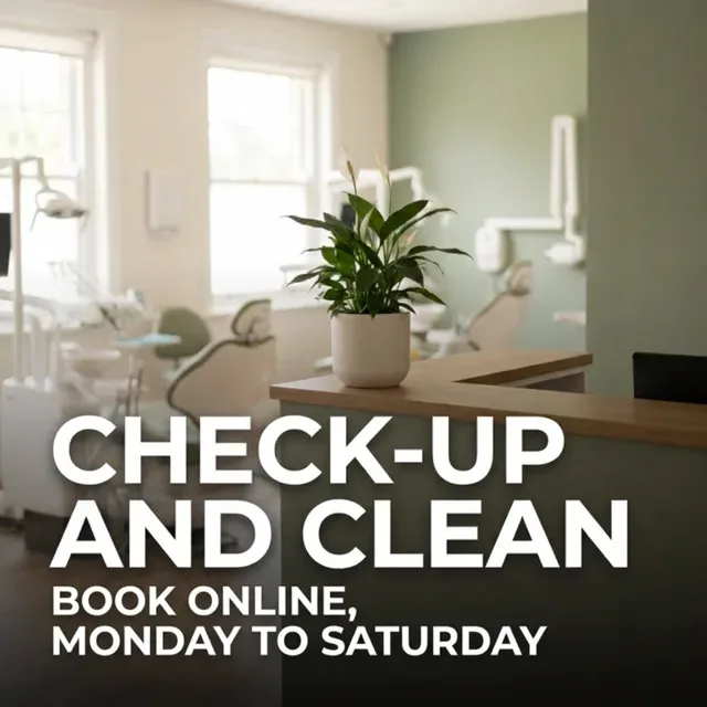 The same post, fixed. Same room, same plant, same crop. The review card is gone and the text now reads check-up and clean, book online Monday to Saturday.
