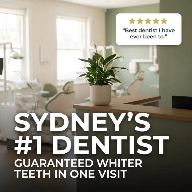 A dental practice post. Large text across the artwork reads Sydney's number one dentist, guaranteed whiter teeth in one visit. A card in the corner shows five stars and the words best dentist I have ever been to.
