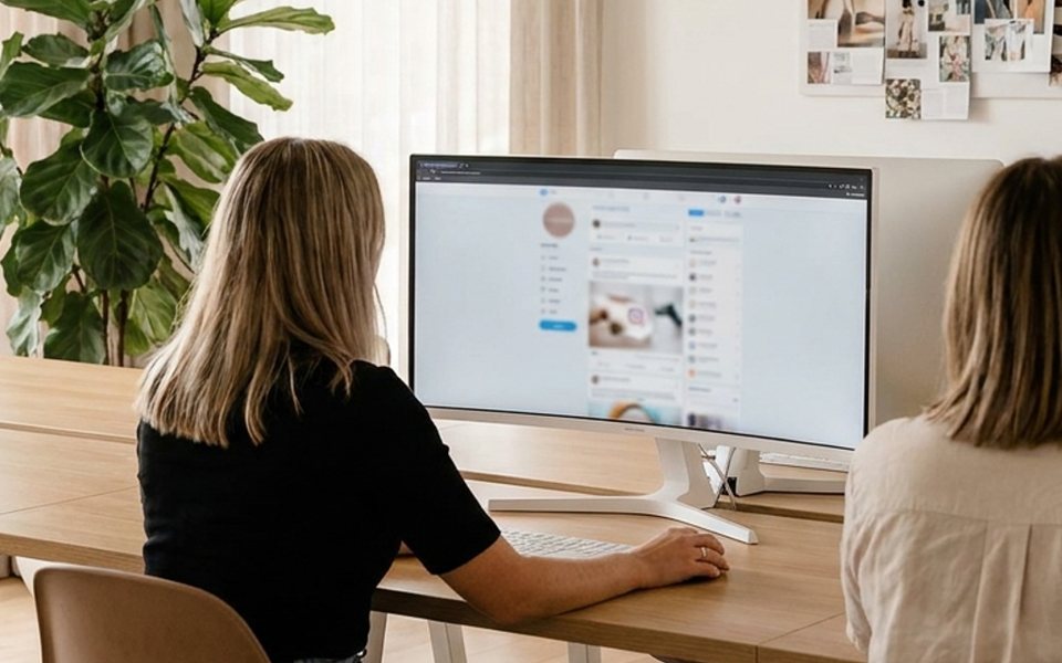 Two people in a marketing agency studio, seen from behind, reviewing a client's social feed on a large monitor.