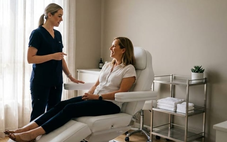 A nurse in scrubs talking with a client seated in the treatment chair of a cosmetic clinic.