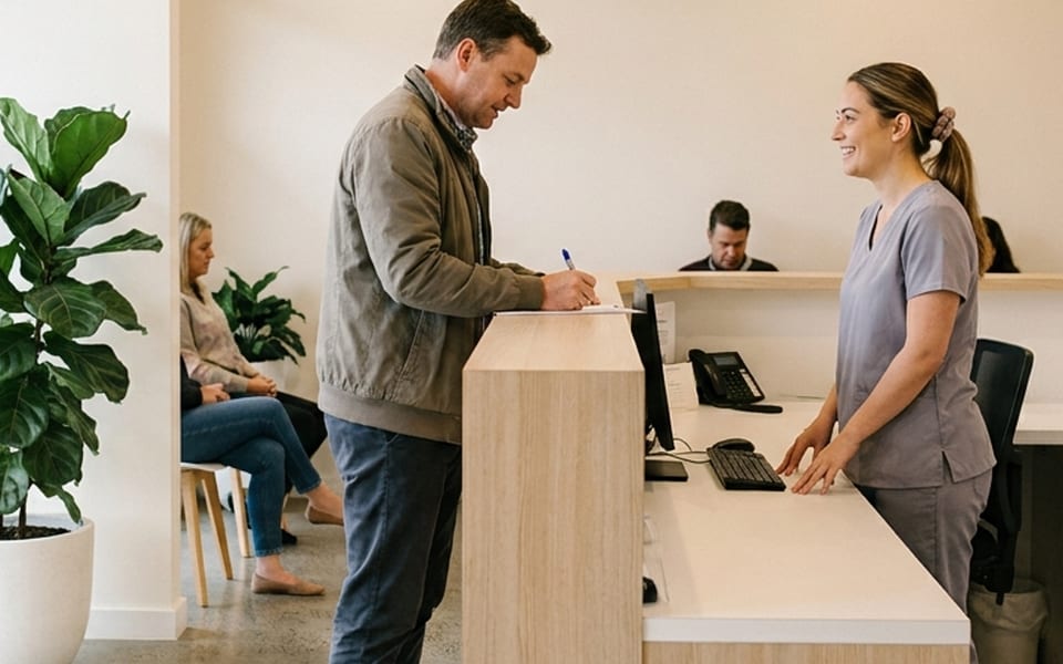 A practice manager greeting a patient at the reception desk of an Australian dental practice.