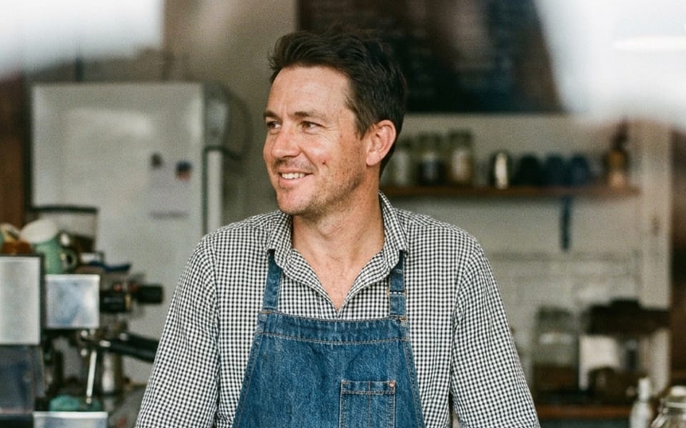 The owner of an independent Australian cafe standing behind his counter.